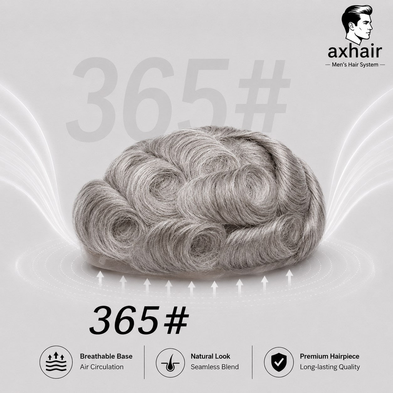 Men’s thin skin base toupee, light gray wavy hair with full rounded volume (#365)